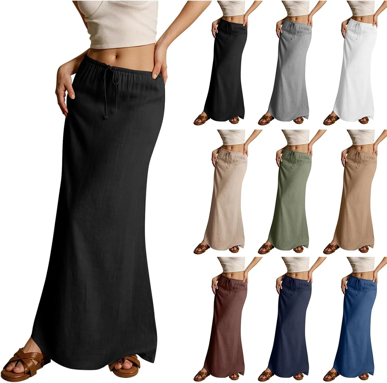 Linen Flared Maxi Skirt Elastic High Waist Drawstring Skirts Dressy Casual Flowy Ankle-Length Skirts with Back Slit