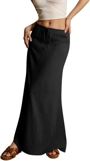Linen Flared Maxi Skirt Elastic High Waist Drawstring Skirts Dressy Casual Flowy Ankle-Length Skirts with Back Slit