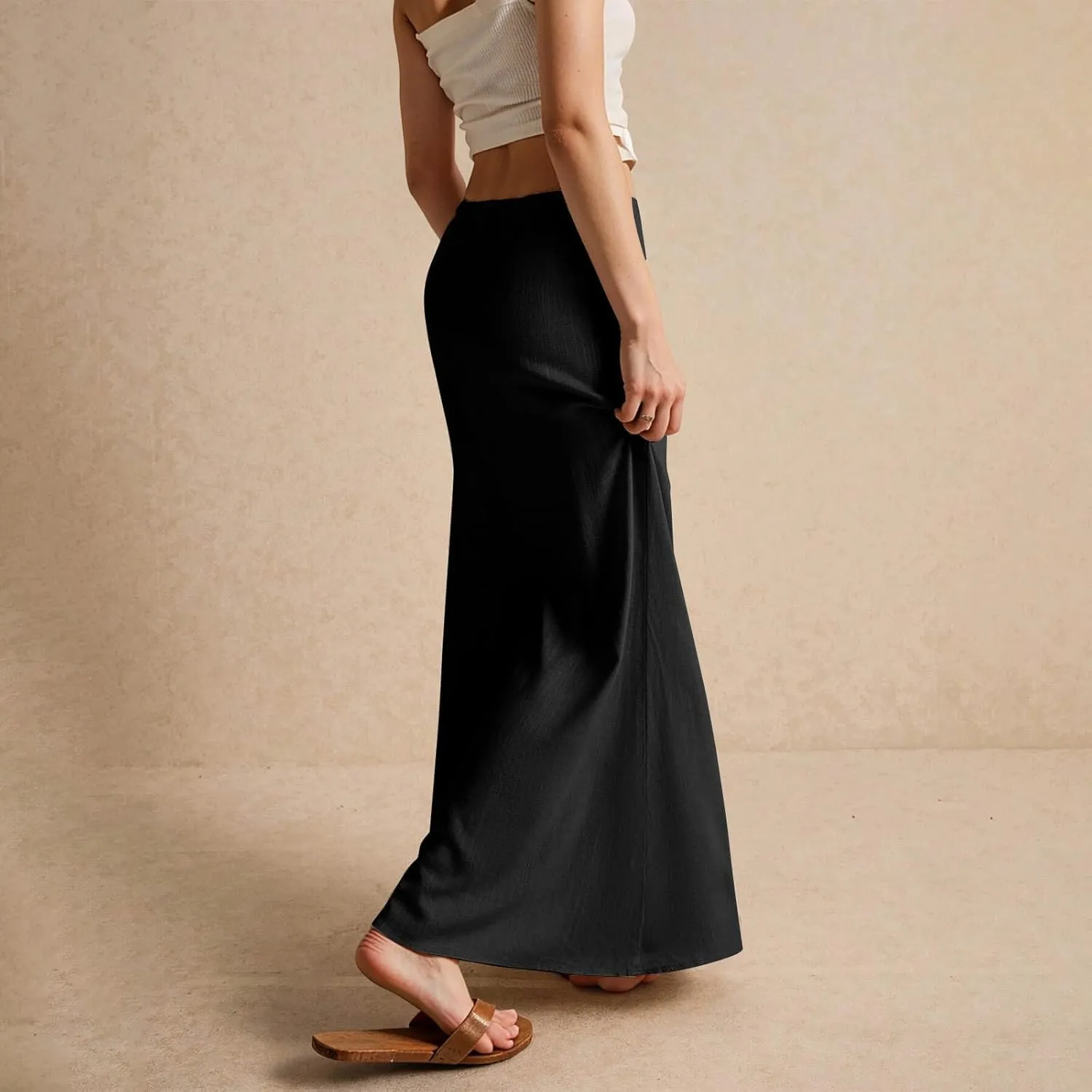 Linen Flared Maxi Skirt Elastic High Waist Drawstring Skirts Dressy Casual Flowy Ankle-Length Skirts with Back Slit