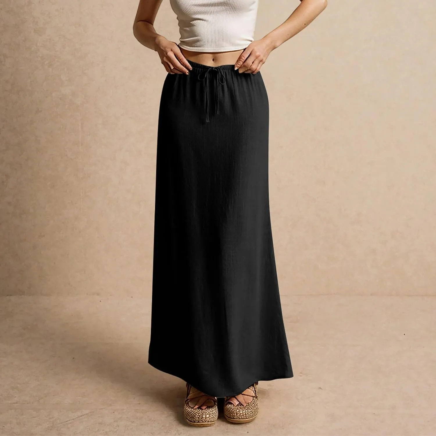 Linen Flared Maxi Skirt Elastic High Waist Drawstring Skirts Dressy Casual Flowy Ankle-Length Skirts with Back Slit