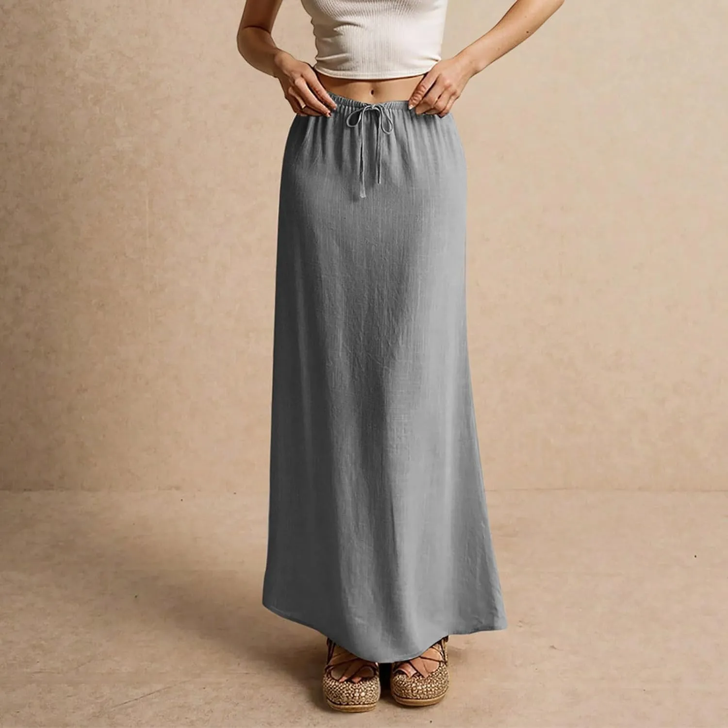 Linen Flared Maxi Skirt Elastic High Waist Drawstring Skirts Dressy Casual Flowy Ankle-Length Skirts with Back Slit