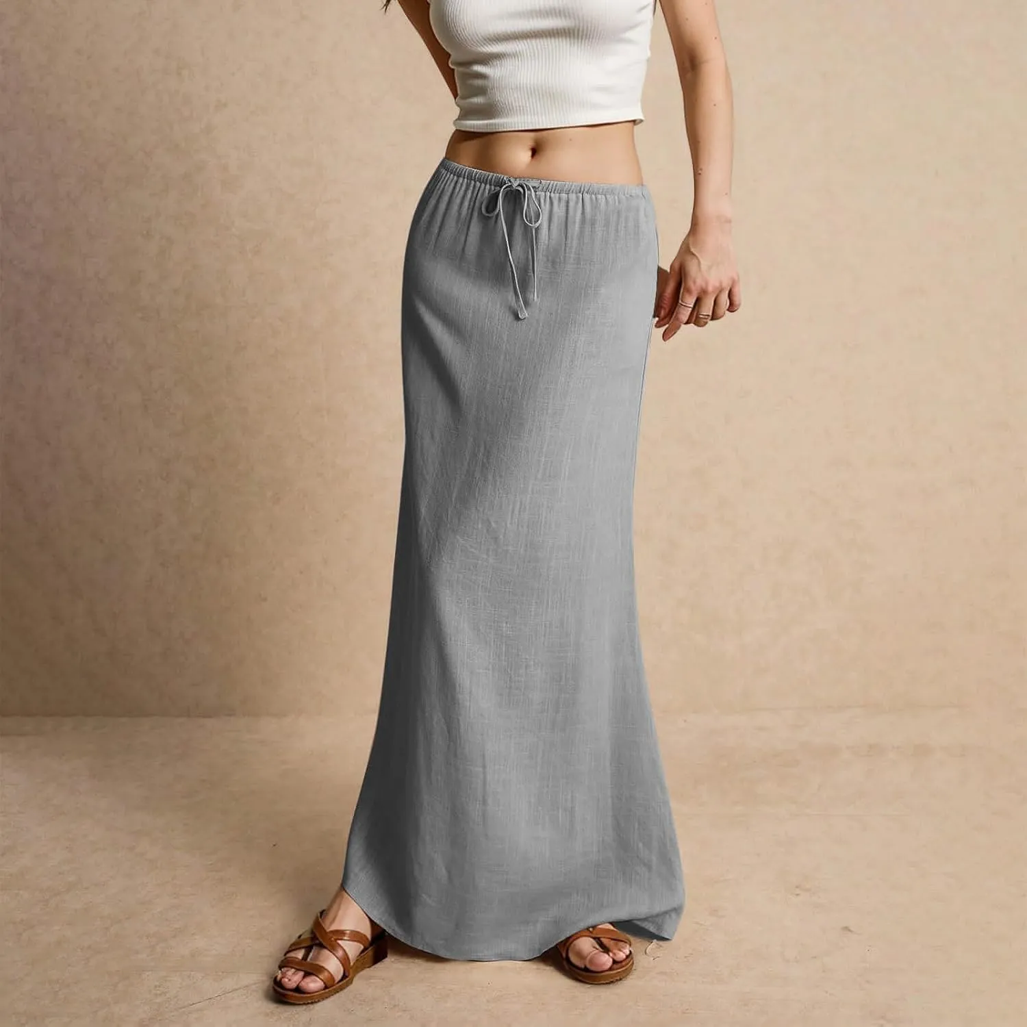 Linen Flared Maxi Skirt Elastic High Waist Drawstring Skirts Dressy Casual Flowy Ankle-Length Skirts with Back Slit