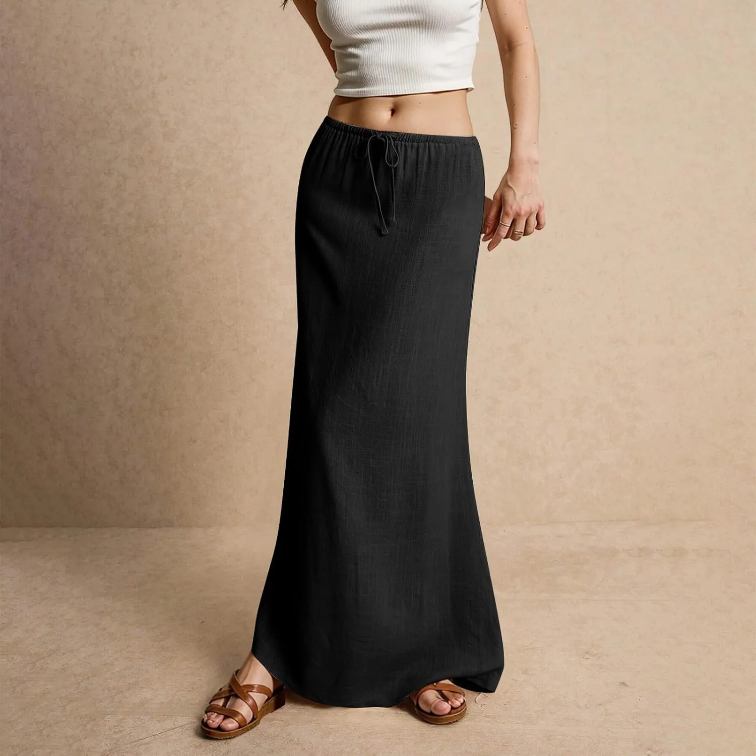 Linen Flared Maxi Skirt Elastic High Waist Drawstring Skirts Dressy Casual Flowy Ankle-Length Skirts with Back Slit