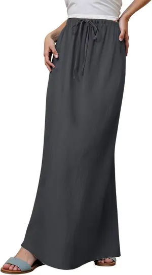 Linen Long Skirts for Women Summer Casual Flowy Skirts A Line Drawstring Waist Maxi Skirt Beach Vacation Skirt