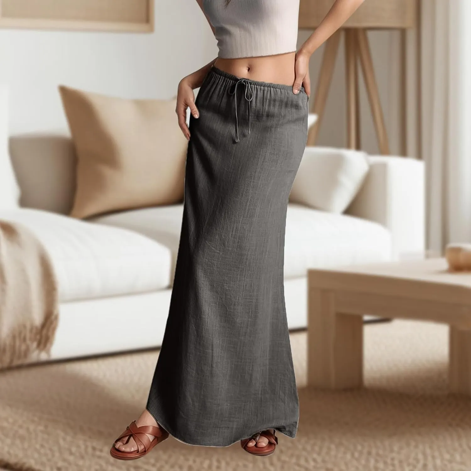 Linen Long Skirts for Women Summer Casual Flowy Skirts A Line Drawstring Waist Maxi Skirt Beach Vacation Skirt