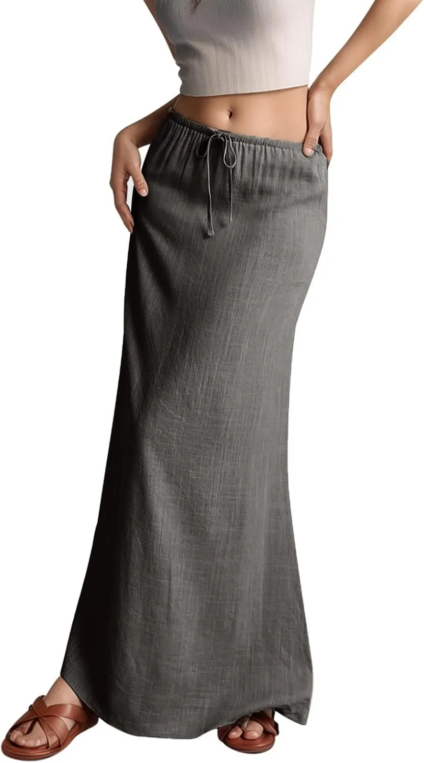 Linen Long Skirts for Women Summer Casual Flowy Skirts A Line Drawstring Waist Maxi Skirt Beach Vacation Skirt
