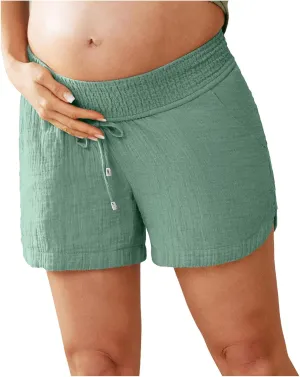 Linen Maternity Shorts Women Comfort Double Layered Underbelly Drawstring Elastic Waist Shorts Casual Lightweight Shorts