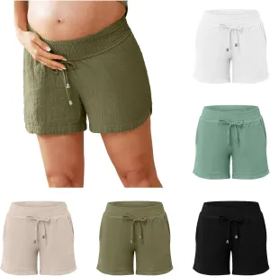Linen Maternity Shorts Women Comfort Double Layered Underbelly Drawstring Elastic Waist Shorts Casual Lightweight Shorts