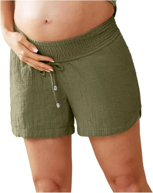 Linen Maternity Shorts Women Comfort Double Layered Underbelly Drawstring Elastic Waist Shorts Casual Lightweight Shorts