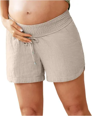 Linen Maternity Shorts Women Comfort Double Layered Underbelly Drawstring Elastic Waist Shorts Casual Lightweight Shorts