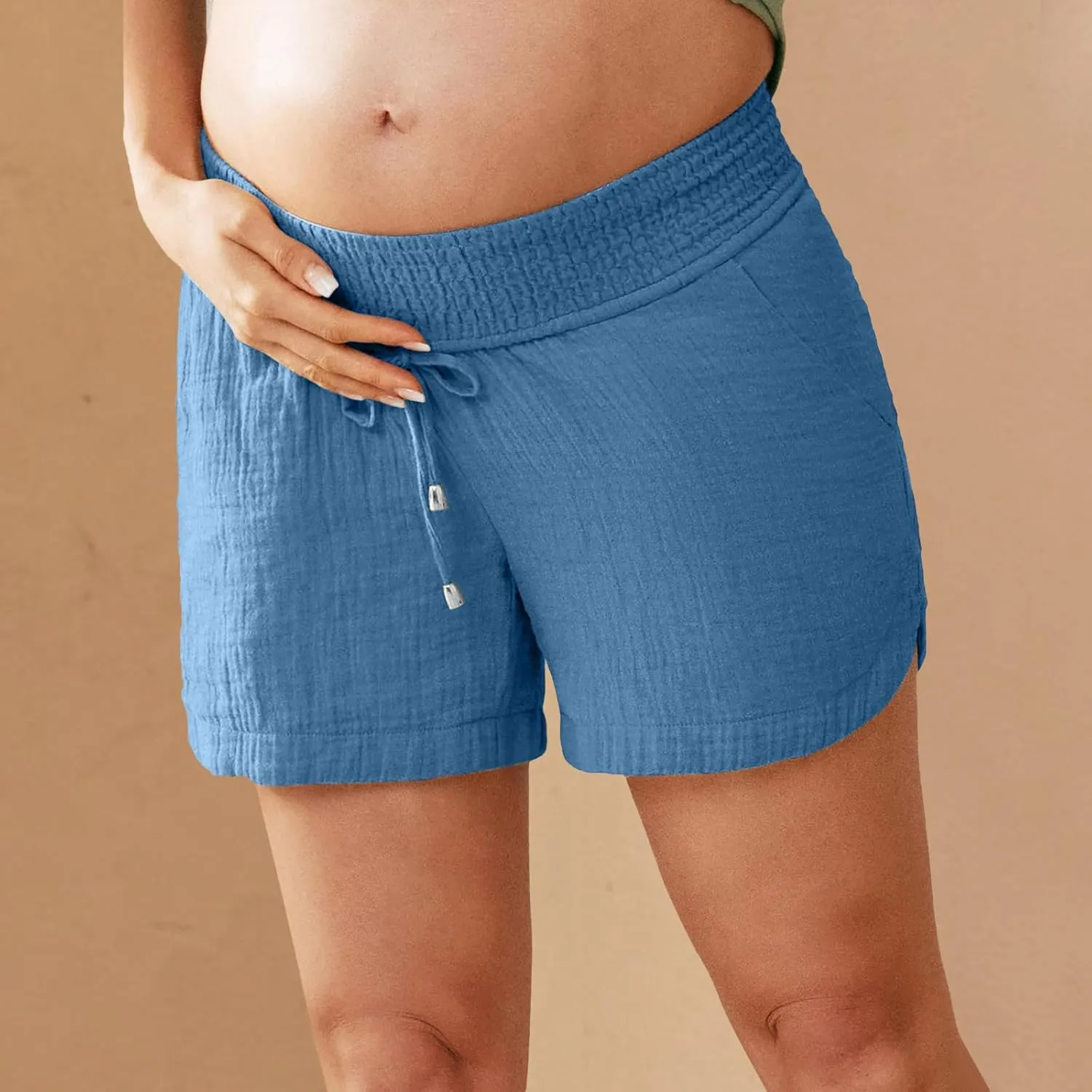 Linen Maternity Shorts Women Comfort Double Layered Underbelly Drawstring Elastic Waist Shorts Casual Lightweight Shorts