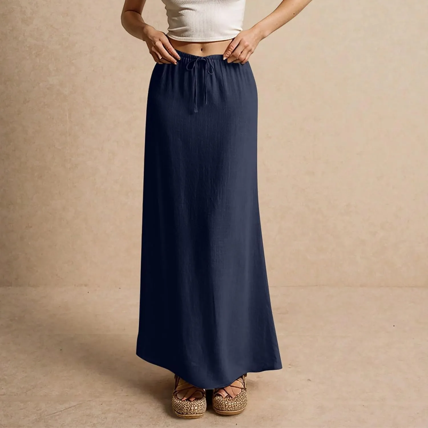Linen Maxi Skirts for Women Trendy Summer Casual Low Waisted Drawstring A Line Skirt Boho Long Flowy Skirts