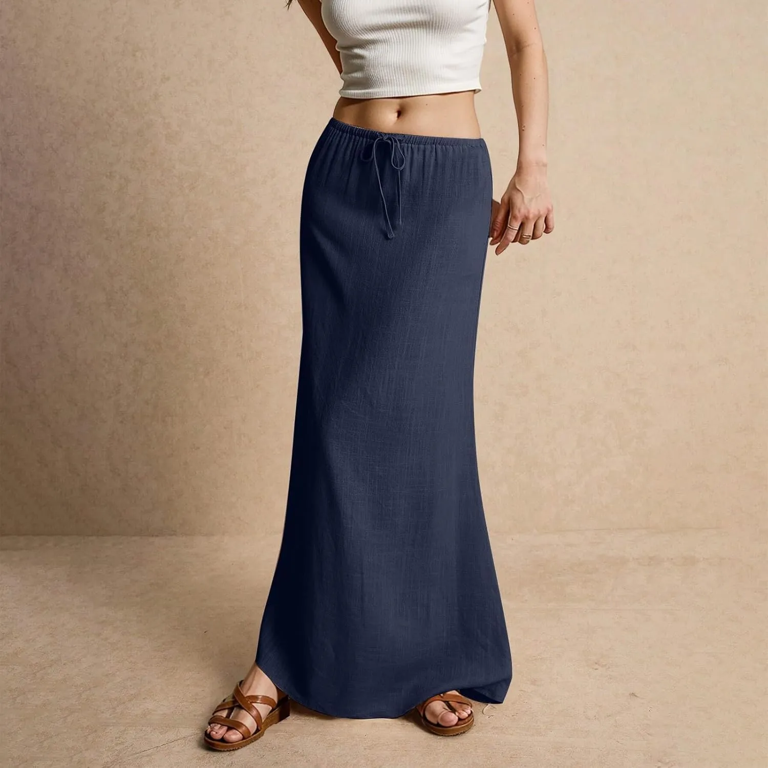 Linen Maxi Skirts for Women Trendy Summer Casual Low Waisted Drawstring A Line Skirt Boho Long Flowy Skirts