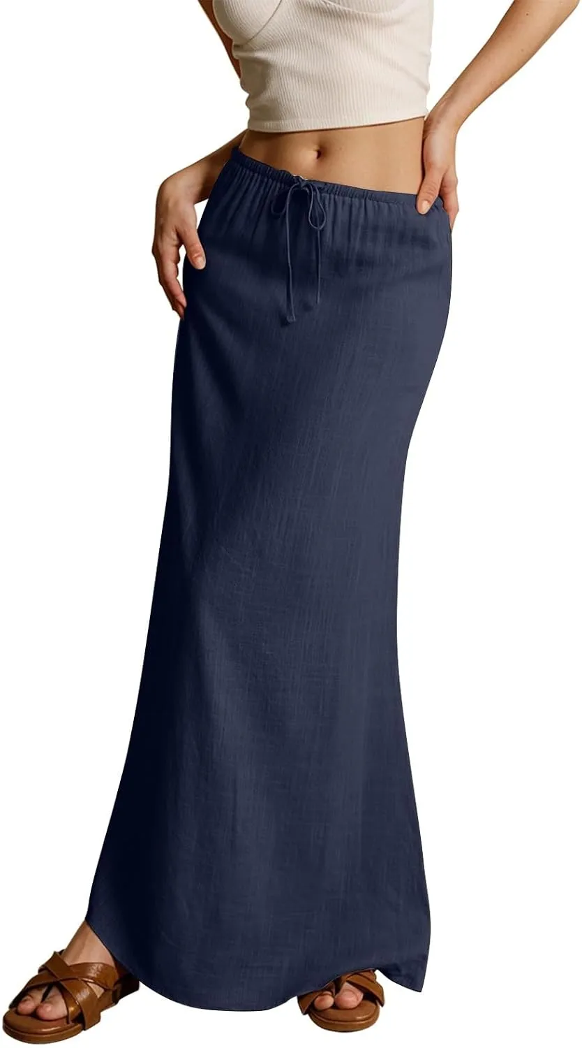 Linen Maxi Skirts for Women Trendy Summer Casual Low Waisted Drawstring A Line Skirt Boho Long Flowy Skirts
