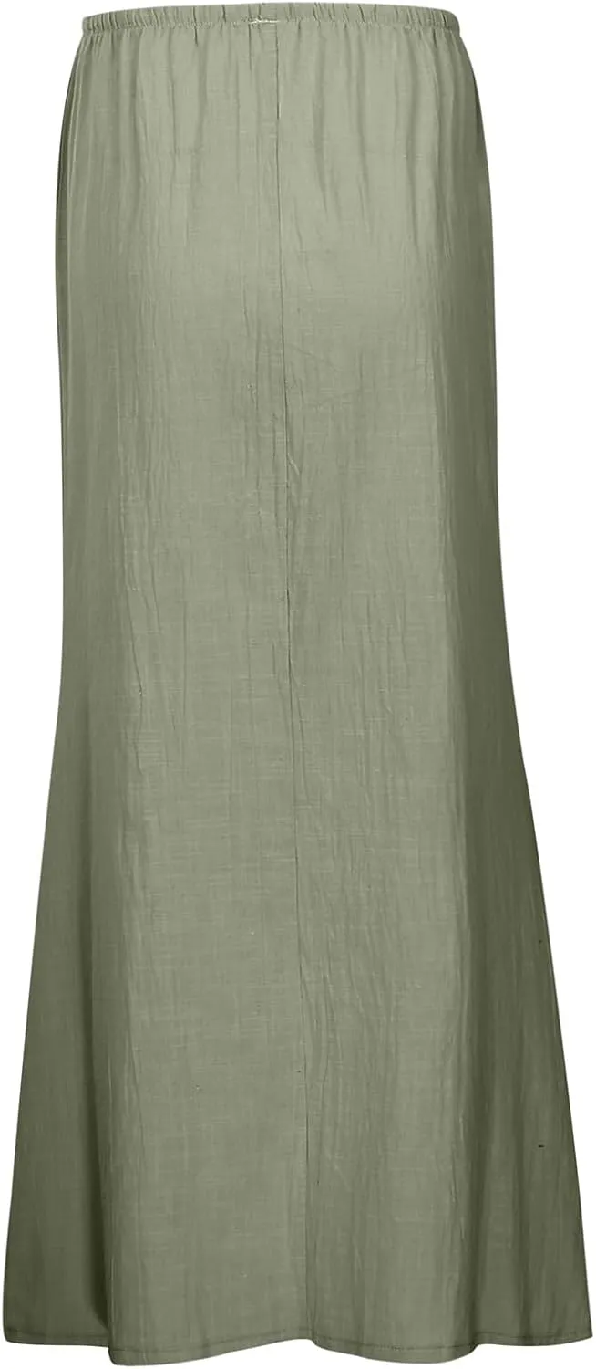Linen Maxi Skirts for Women with Slit Summer Comfy Drawstring Waist A Line Skirts Vacation Boho Long Flowy Skirts