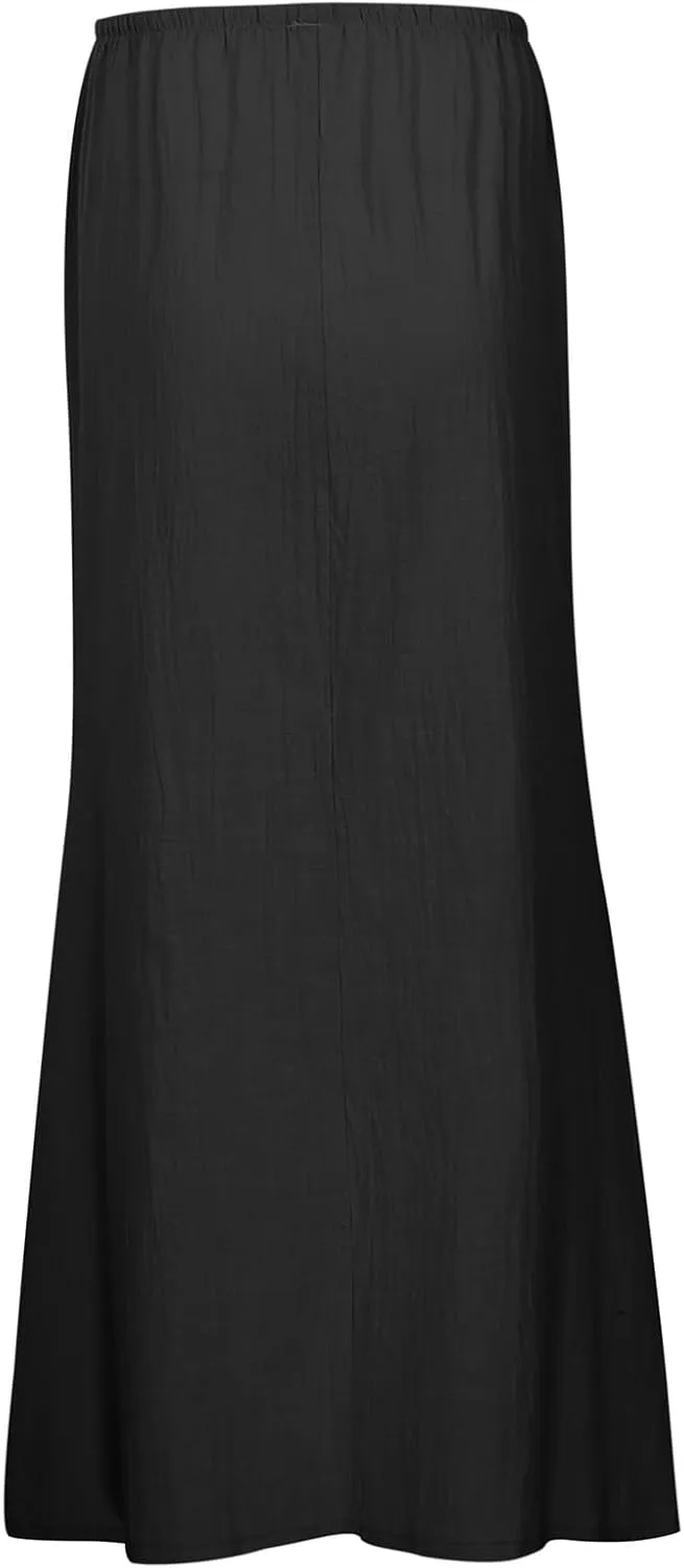 Linen Maxi Skirts for Women with Slit Summer Comfy Drawstring Waist A Line Skirts Vacation Boho Long Flowy Skirts