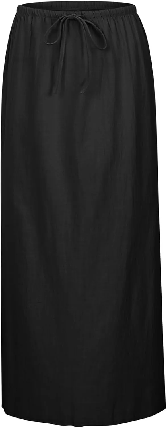 Linen Maxi Skirts for Women with Slit Summer Comfy Drawstring Waist A Line Skirts Vacation Boho Long Flowy Skirts