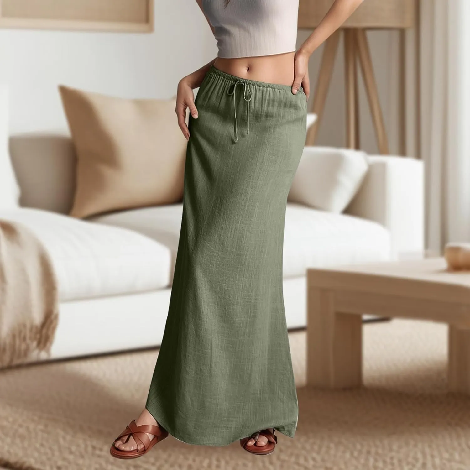 Linen Maxi Skirts for Women with Slit Summer Comfy Drawstring Waist A Line Skirts Vacation Boho Long Flowy Skirts