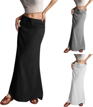 Linen Maxi Skirts for Women with Slit Summer Comfy Drawstring Waist A Line Skirts Vacation Boho Long Flowy Skirts