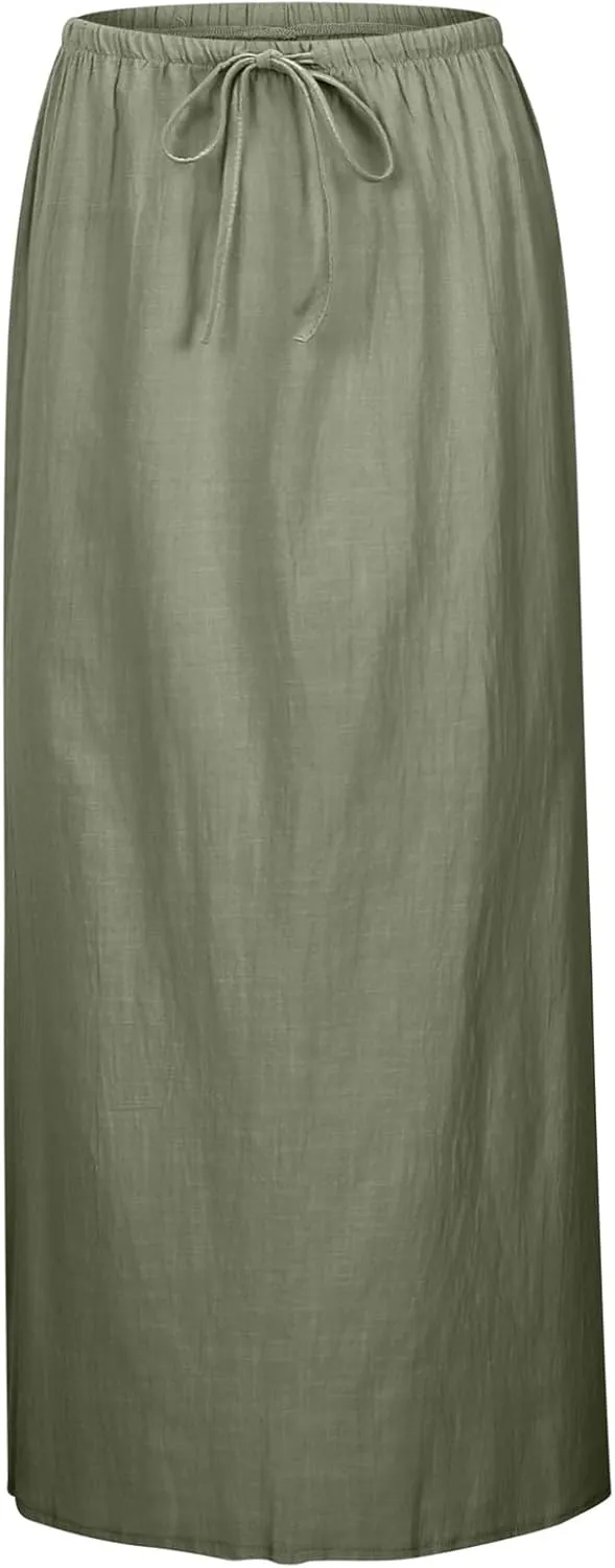 Linen Maxi Skirts for Women with Slit Summer Comfy Drawstring Waist A Line Skirts Vacation Boho Long Flowy Skirts