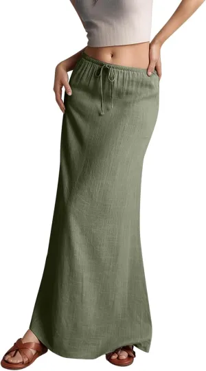 Linen Maxi Skirts for Women with Slit Summer Comfy Drawstring Waist A Line Skirts Vacation Boho Long Flowy Skirts