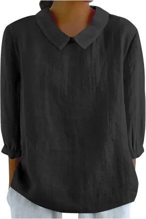 Linen Shirts for Women Casual Solid 3/4 Sleeve Blouses Trendy Lapel Doll Neck T-Shirt Summer Bohemian Tops