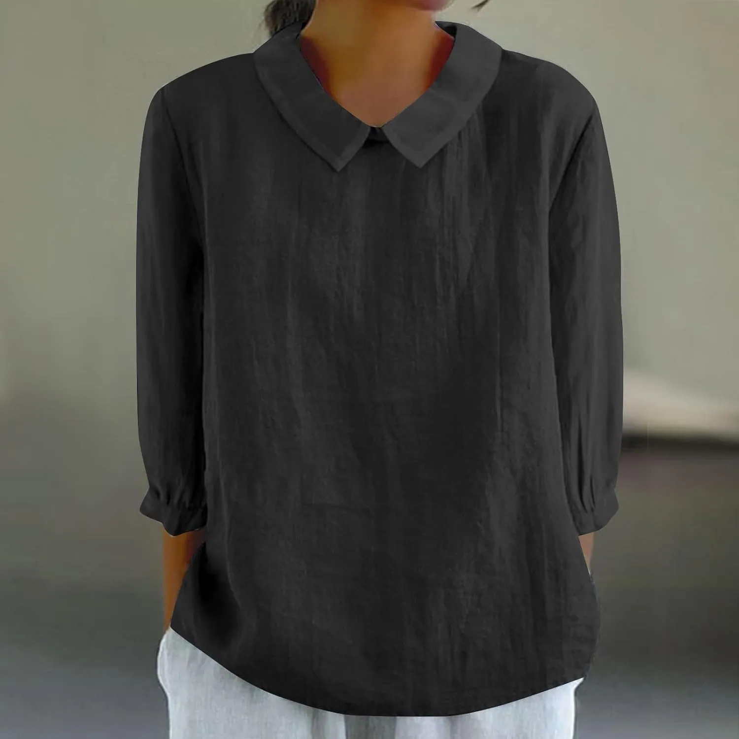 Linen Shirts for Women Casual Solid 3/4 Sleeve Blouses Trendy Lapel Doll Neck T-Shirt Summer Bohemian Tops