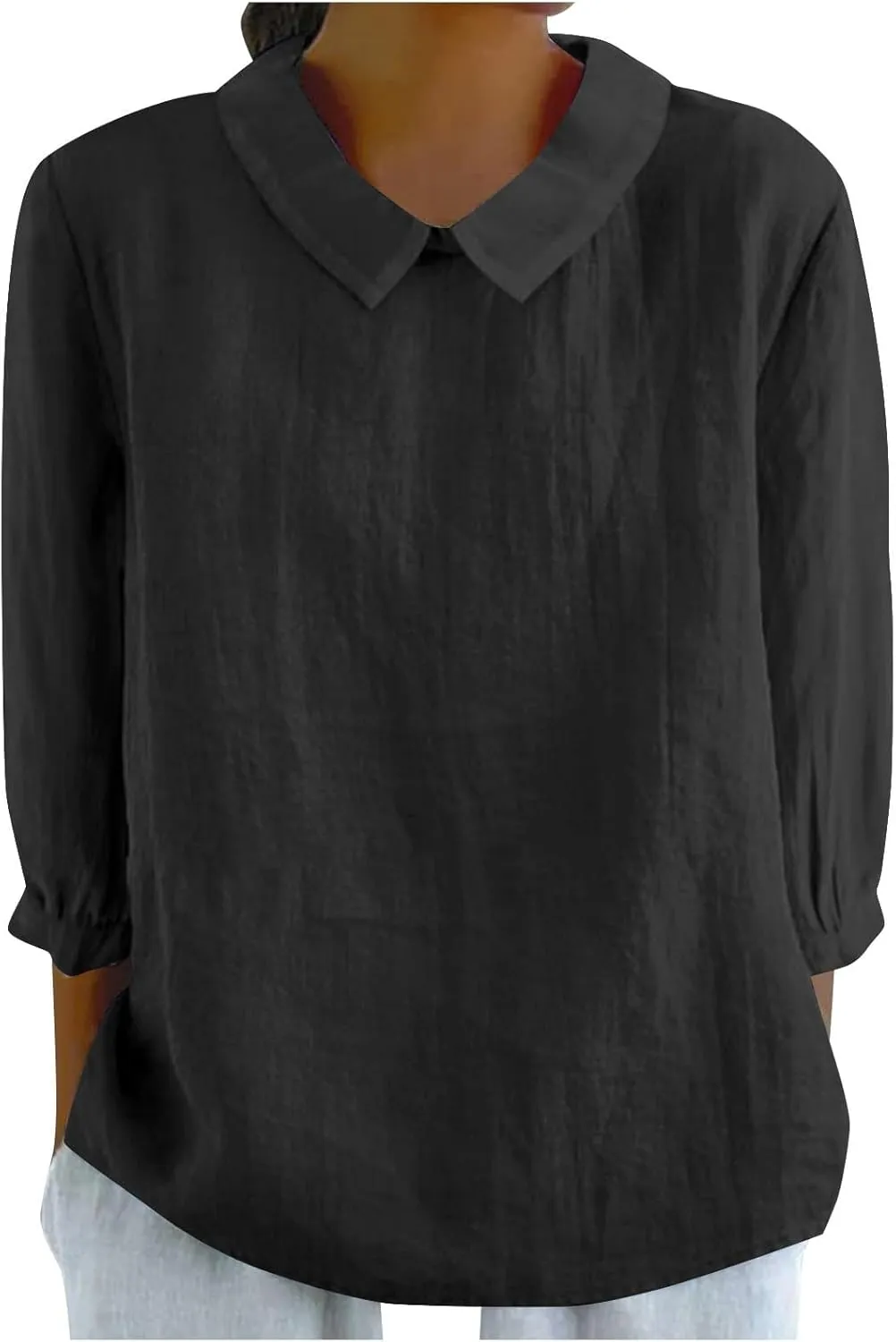 Linen Shirts for Women Casual Solid 3/4 Sleeve Blouses Trendy Lapel Doll Neck T-Shirt Summer Bohemian Tops