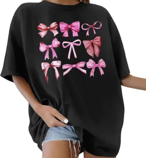 Linen Shirts for Women Summer Loose Fit Crewneck Funny Bow Print Short Sleeve T Shirt Fitness Tunic Top Trendy Blouse