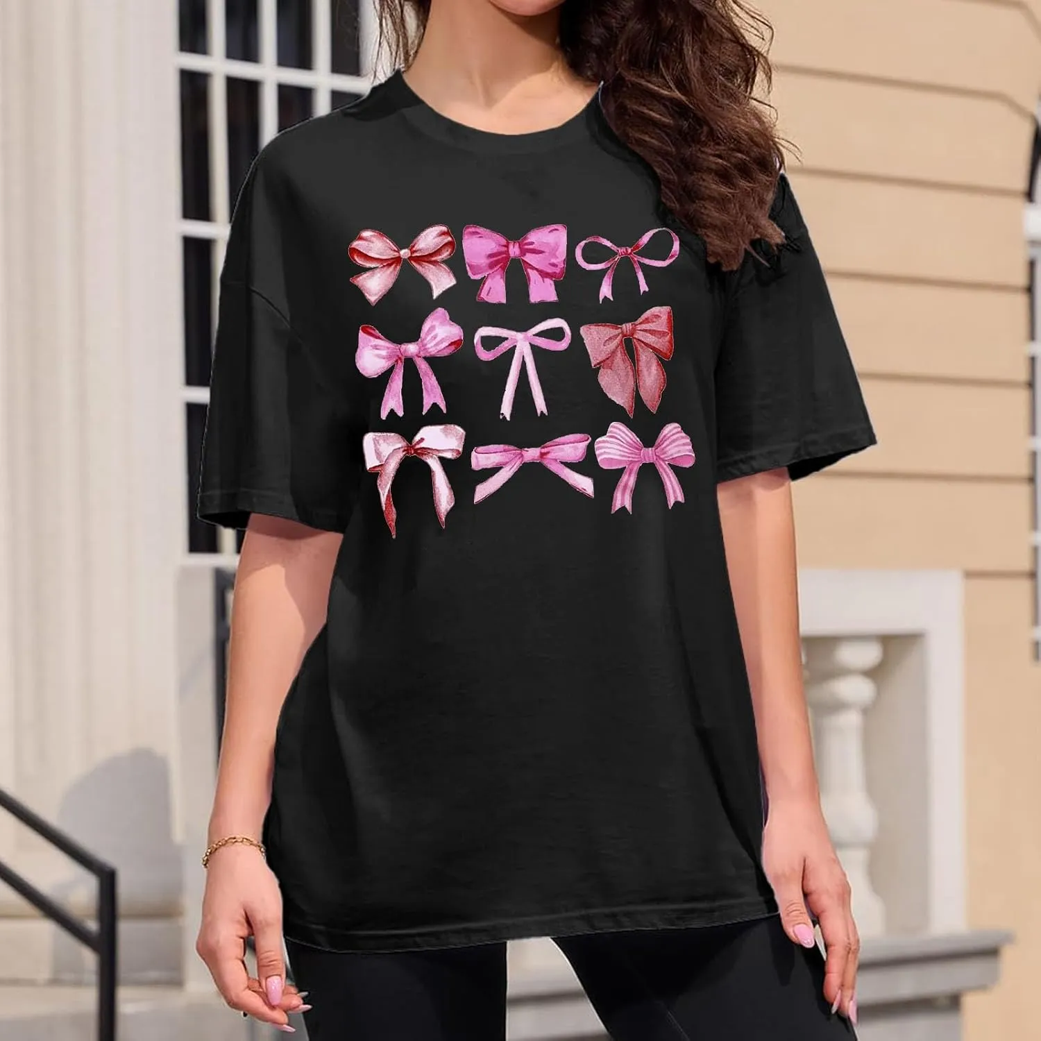 Linen Shirts for Women Summer Loose Fit Crewneck Funny Bow Print Short Sleeve T Shirt Fitness Tunic Top Trendy Blouse