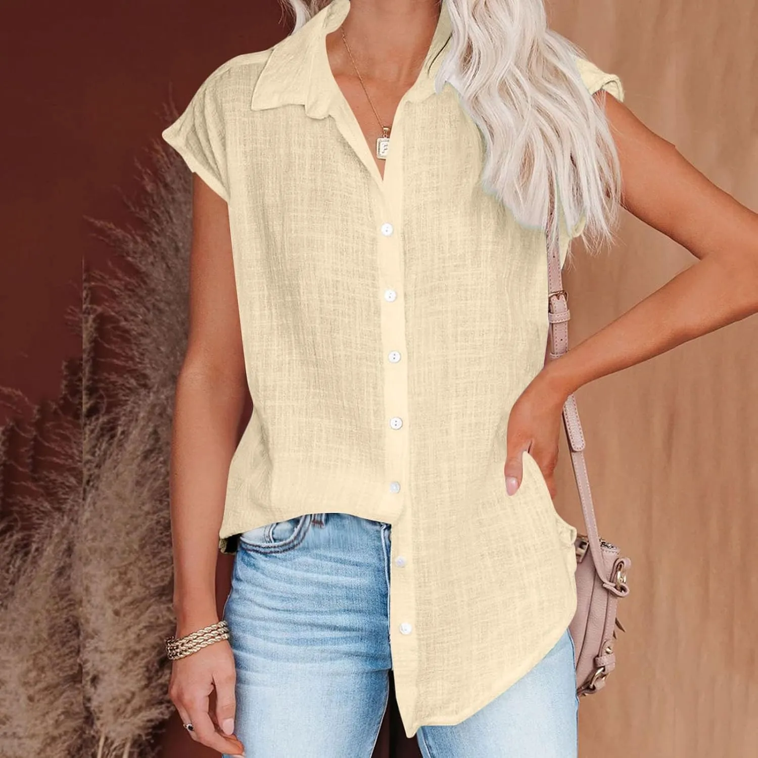 Linen Shirts for Women Trendy Button Down V Neck Shirt Summer Collared Short Sleeve Boho Tops Casual Blouses