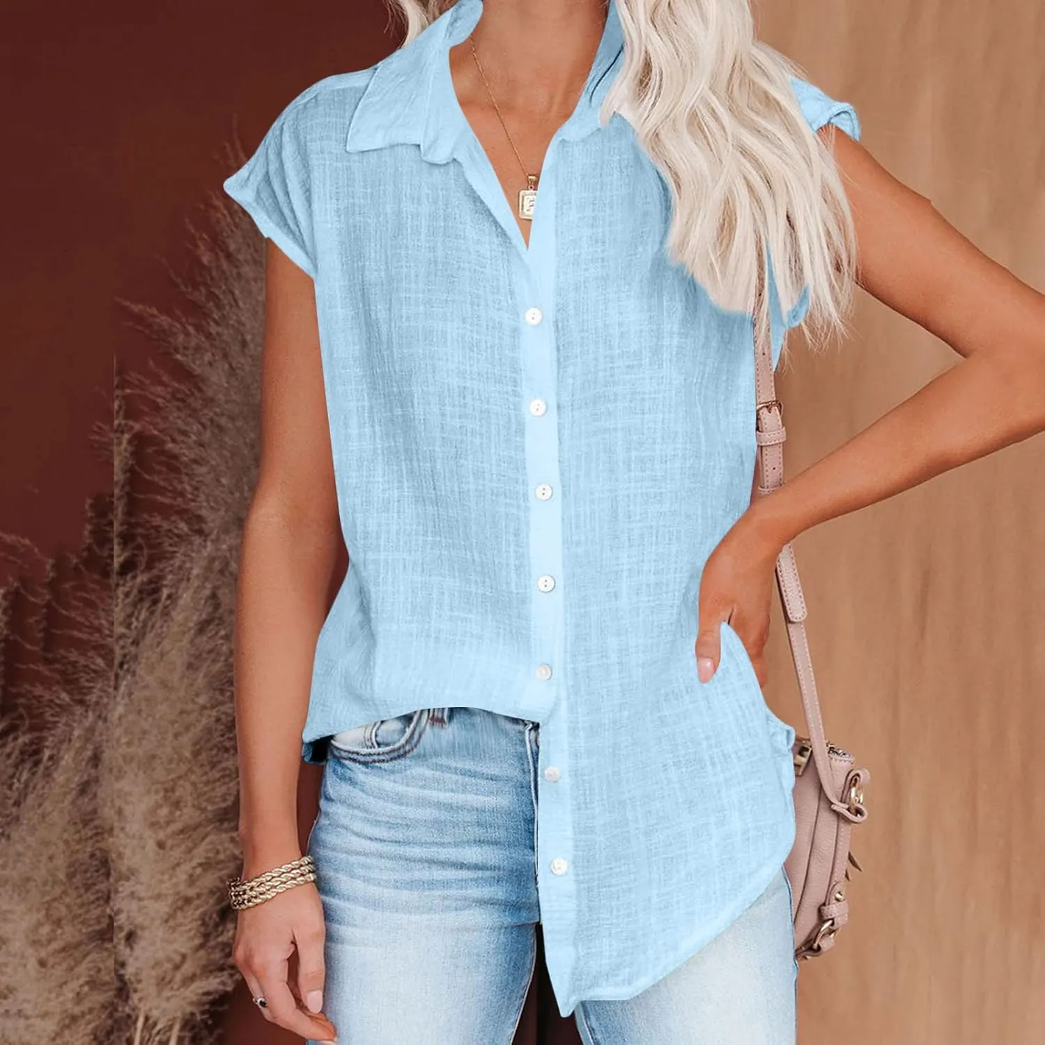 Linen Shirts for Women Trendy Button Down V Neck Shirt Summer Collared Short Sleeve Boho Tops Casual Blouses