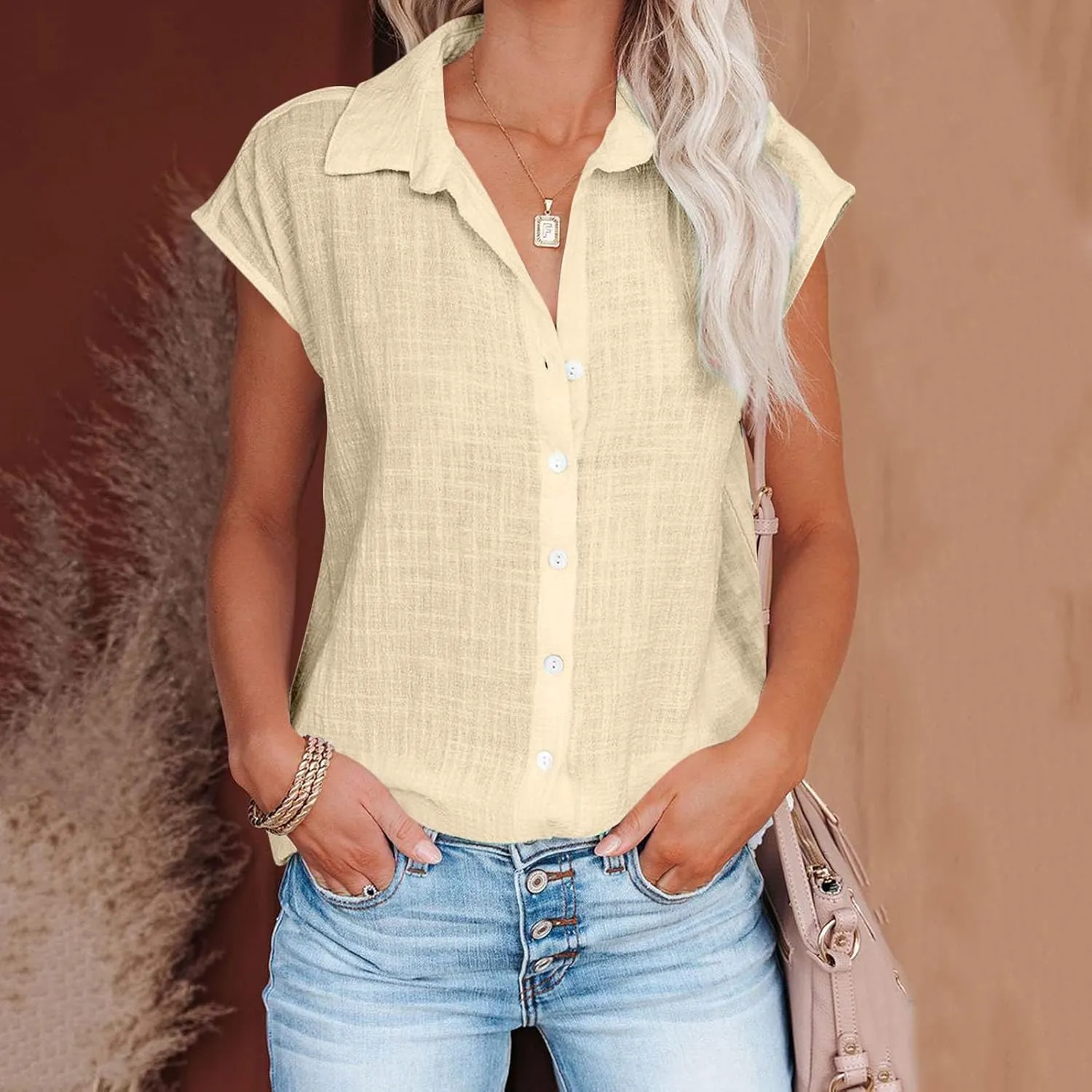 Linen Shirts for Women Trendy Button Down V Neck Shirt Summer Collared Short Sleeve Boho Tops Casual Blouses