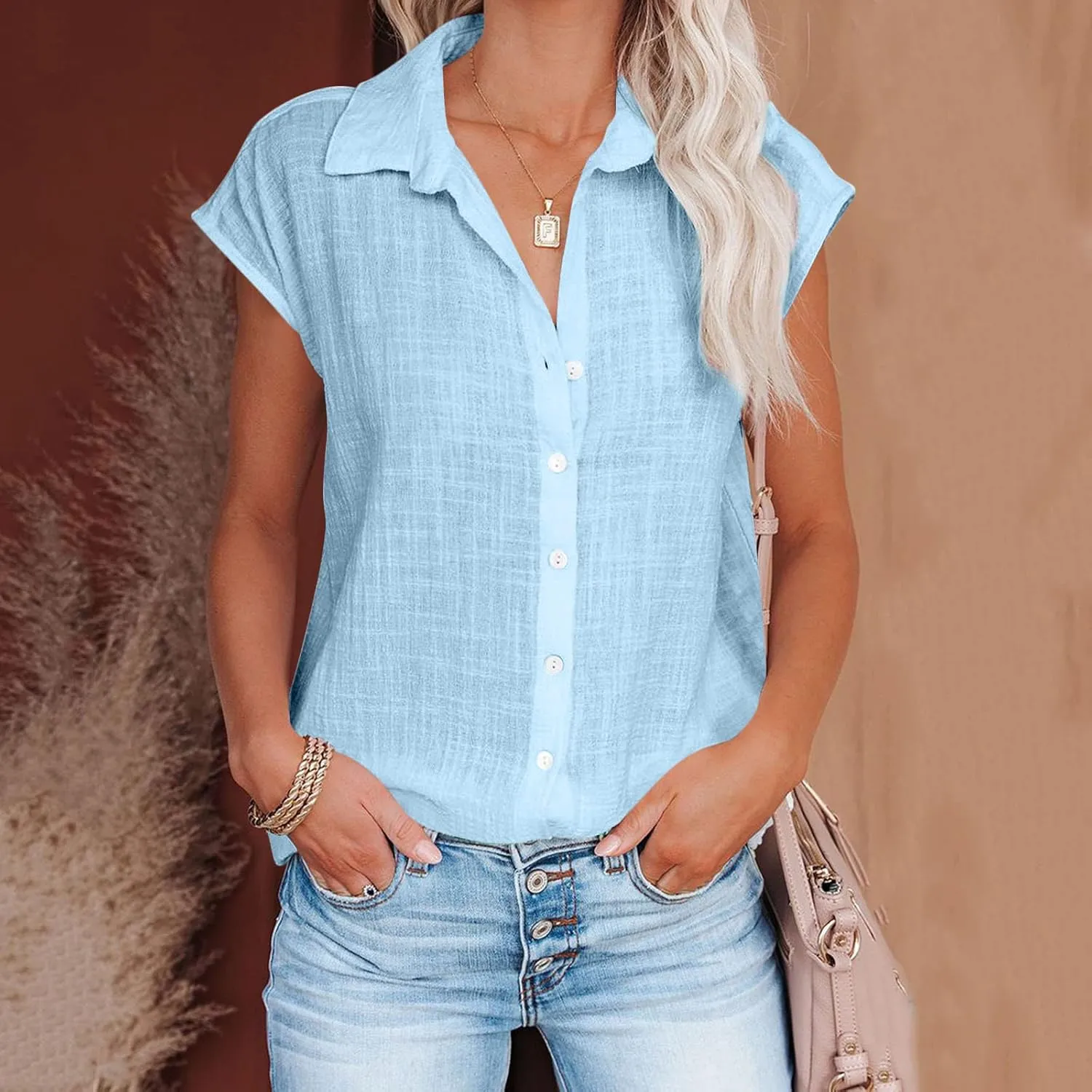 Linen Shirts for Women Trendy Button Down V Neck Shirt Summer Collared Short Sleeve Boho Tops Casual Blouses