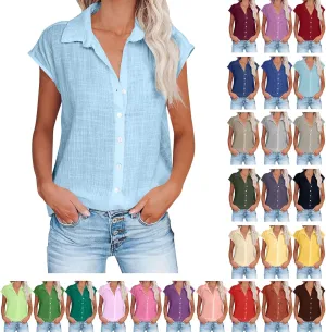 Linen Shirts for Women Trendy Button Down V Neck Shirt Summer Collared Short Sleeve Boho Tops Casual Blouses
