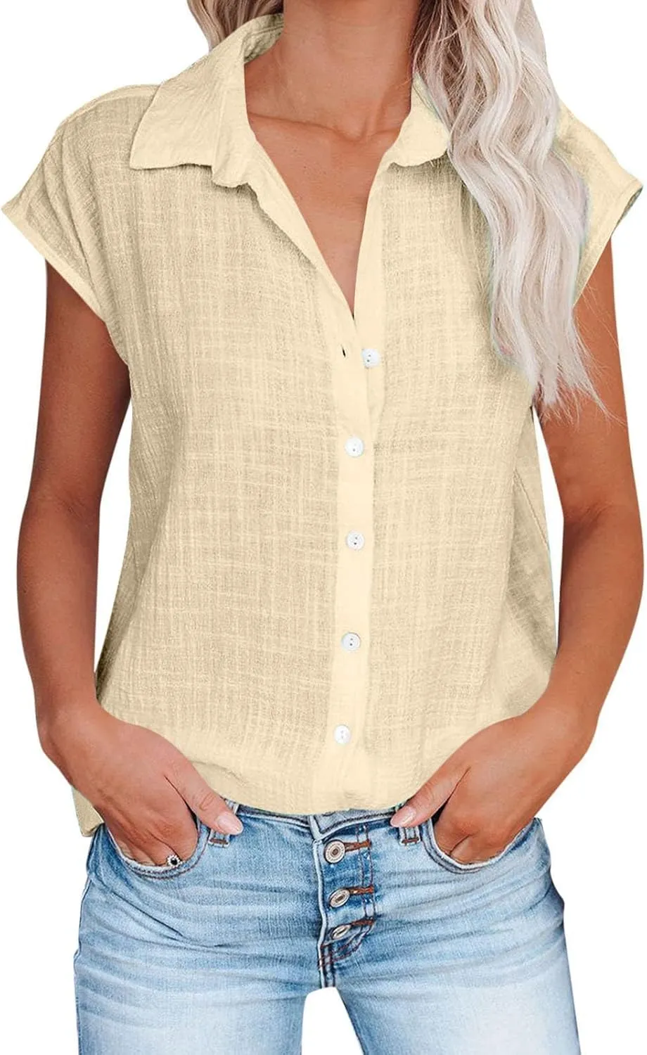 Linen Shirts for Women Trendy Button Down V Neck Shirt Summer Collared Short Sleeve Boho Tops Casual Blouses