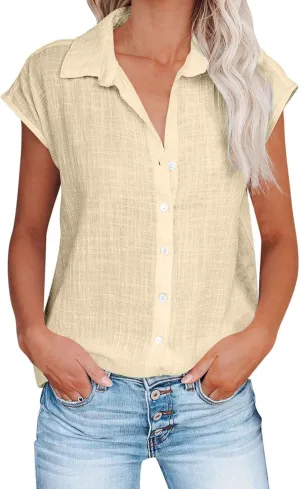 Linen Shirts for Women Trendy Button Down V Neck Shirt Summer Collared Short Sleeve Boho Tops Casual Blouses