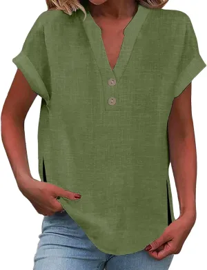 Linen T Shirts for Women Button Tops V Neck Summer Short Sleeve Dressy Blouse Loose Casual Basic Vacation