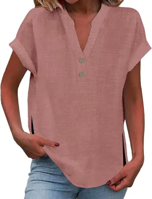 Linen T Shirts for Women Button Tops V Neck Summer Short Sleeve Dressy Blouse Loose Casual Basic Vacation