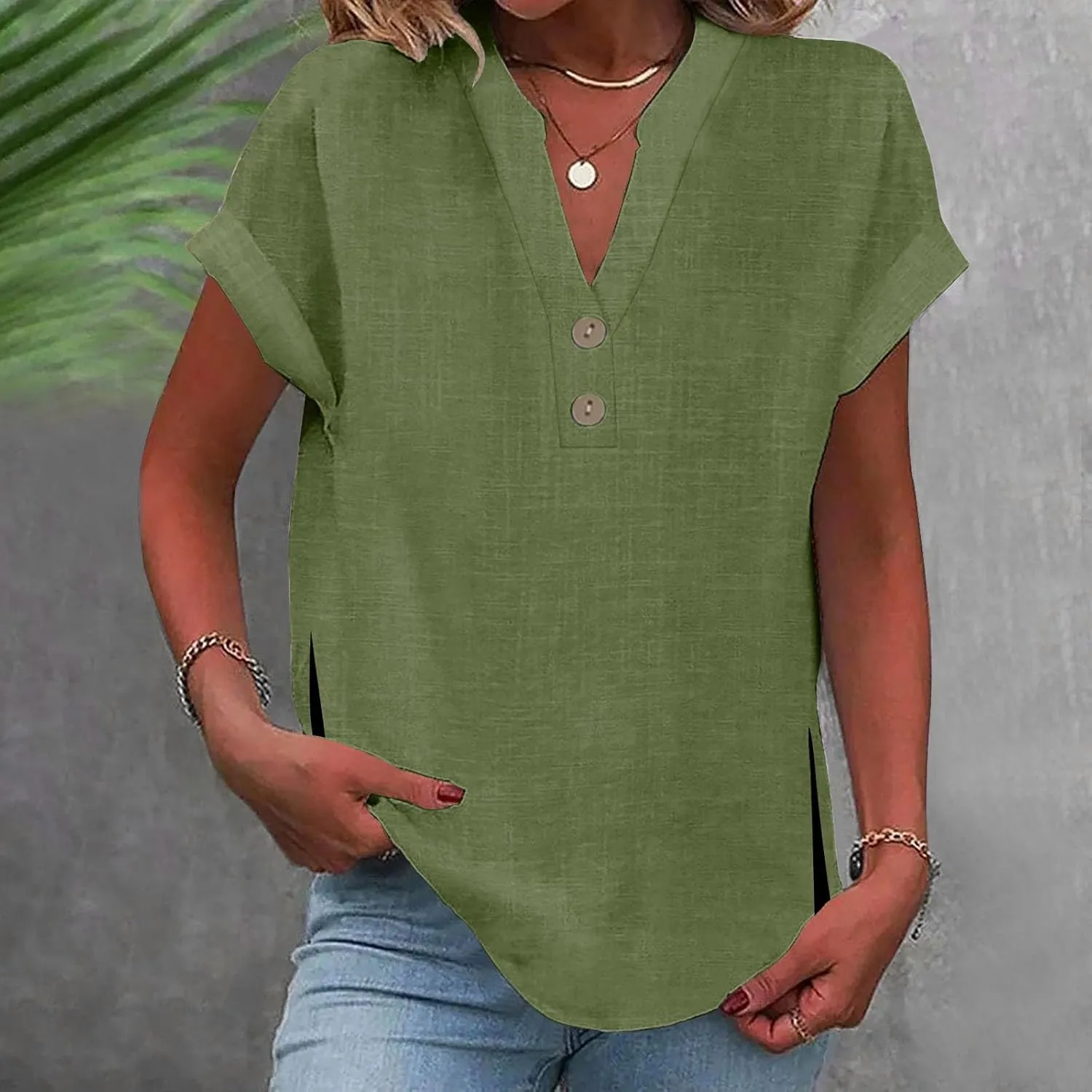 Linen T Shirts for Women Button Tops V Neck Summer Short Sleeve Dressy Blouse Loose Casual Basic Vacation