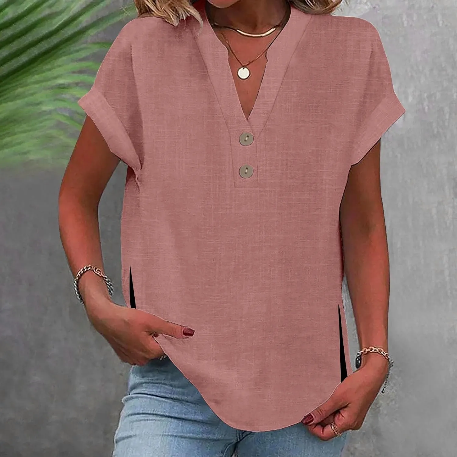 Linen T Shirts for Women Button Tops V Neck Summer Short Sleeve Dressy Blouse Loose Casual Basic Vacation