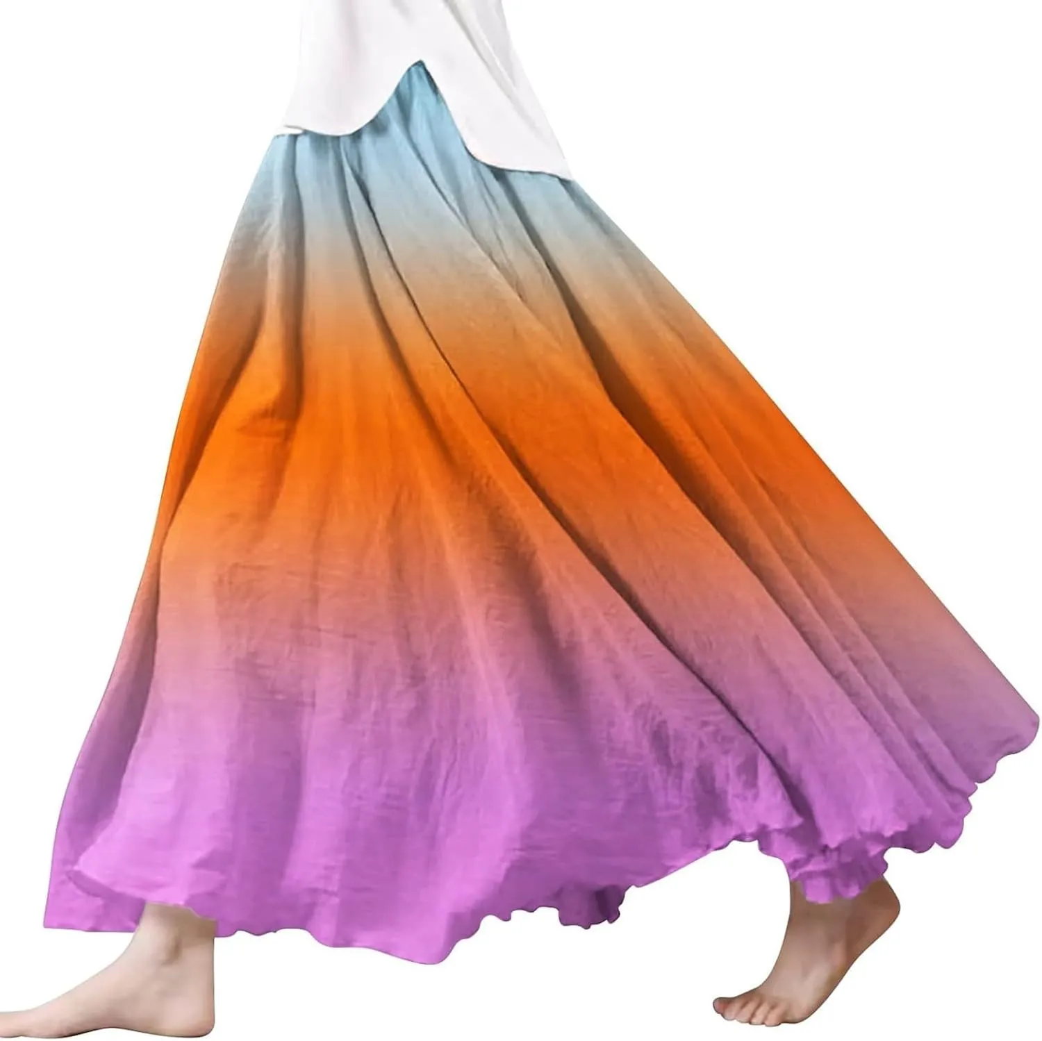 Linen Wrap Skirts for Women Pleated Summer Boho Floral Flowy Skirt Vacation High Waisted Maxi Casual Dress Skorts