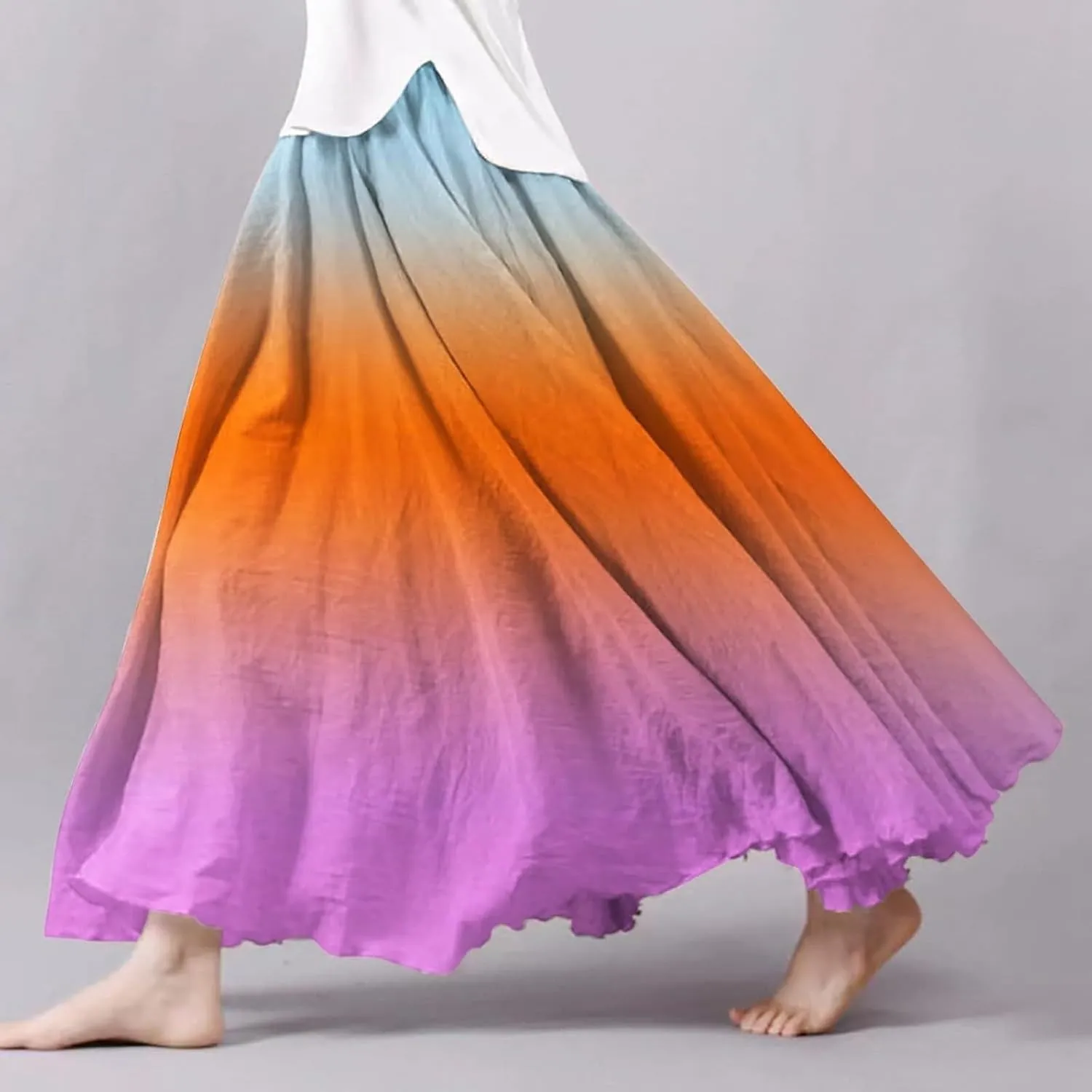 Linen Wrap Skirts for Women Pleated Summer Boho Floral Flowy Skirt Vacation High Waisted Maxi Casual Dress Skorts