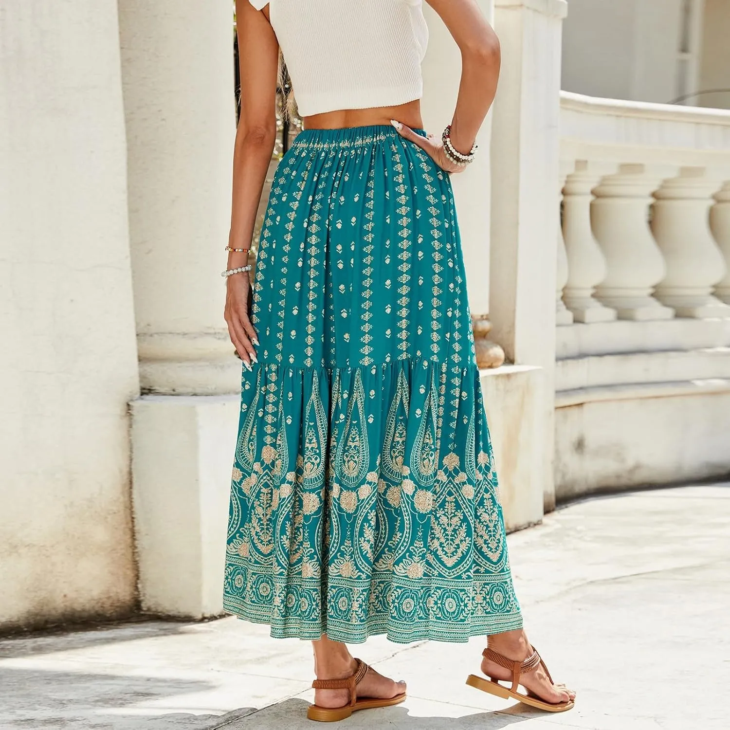 Long Skirts for Women Floral Boho Beach Flowy Tiered Maxi Skirt Drawstring High Waisted Skirts A Line Midi Skirt