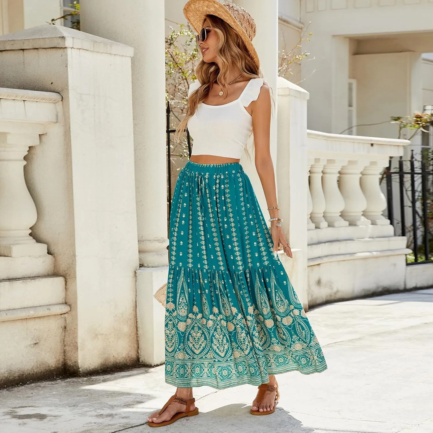 Long Skirts for Women Floral Boho Beach Flowy Tiered Maxi Skirt Drawstring High Waisted Skirts A Line Midi Skirt