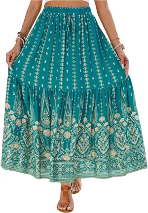 Long Skirts for Women Floral Boho Beach Flowy Tiered Maxi Skirt Drawstring High Waisted Skirts A Line Midi Skirt