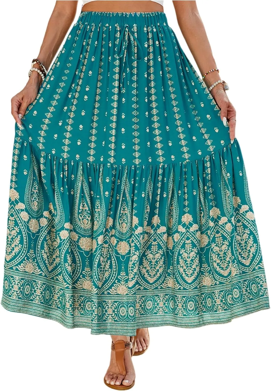 Long Skirts for Women Floral Boho Beach Flowy Tiered Maxi Skirt Drawstring High Waisted Skirts A Line Midi Skirt