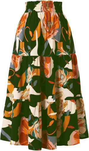 Long Skirts for Women Floral Drawstring Boho Tiered Maxi Skirt Beach A Line Midi Skirt Summer Bohemian Skirts
