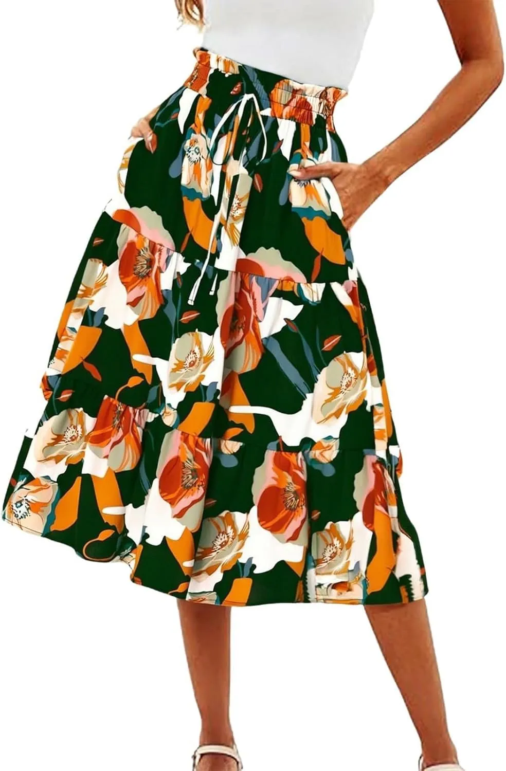 Long Skirts for Women Floral Drawstring Boho Tiered Maxi Skirt Beach A Line Midi Skirt Summer Bohemian Skirts