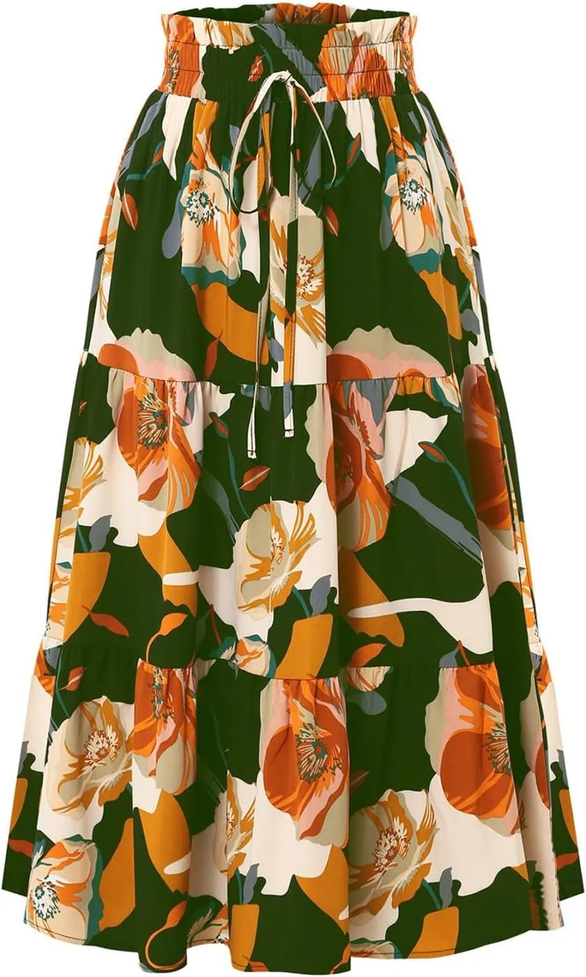 Long Skirts for Women Floral Drawstring Boho Tiered Maxi Skirt Beach A Line Midi Skirt Summer Bohemian Skirts